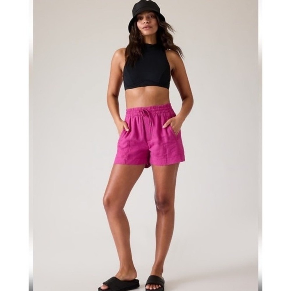 Athleta Retreat Linen Fuchsia Drawstring 4" Shorts Mid Rise S  Vacation Resort